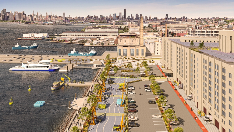 Aerial rendering of Climate Innovation Hub at Brooklyn Army Terminal showing a waterfront area with boats docked, a parking lot, buildings, and a distant city skyline in the background.