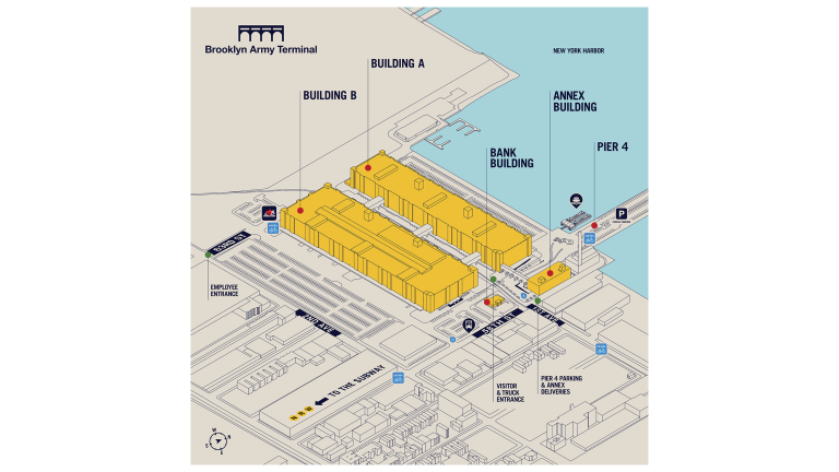  Isometric map of Brooklyn Army Terminal, highlighting Building A, Building B, Annex Building, and Bank Building in yellow. Labels indicate entrances, visitor parking, and Pier 4. Compass and subway directions are included.